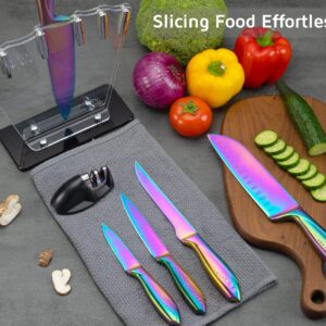 WELLSTAR Rainbow Knife Set 7 Pieces, Iridescent German Stainless Steel Kitchen Knives Set with Acrylic Stand Holder, Colorful Titanium Coating, Chef’s Knife Block Set with 2 Stage Mini Knife Sharpener