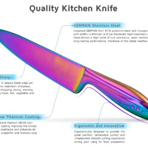 WELLSTAR Rainbow Knife Set 7 Pieces, Iridescent German Stainless Steel Kitchen Knives Set with Acrylic Stand Holder, Colorful Titanium Coating, Chef’s Knife Block Set with 2 Stage Mini Knife Sharpener