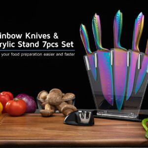 WELLSTAR Rainbow Knife Set 7 Pieces, Iridescent German Stainless Steel Kitchen Knives Set with Acrylic Stand Holder, Colorful Titanium Coating, Chef’s Knife Block Set with 2 Stage Mini Knife Sharpener