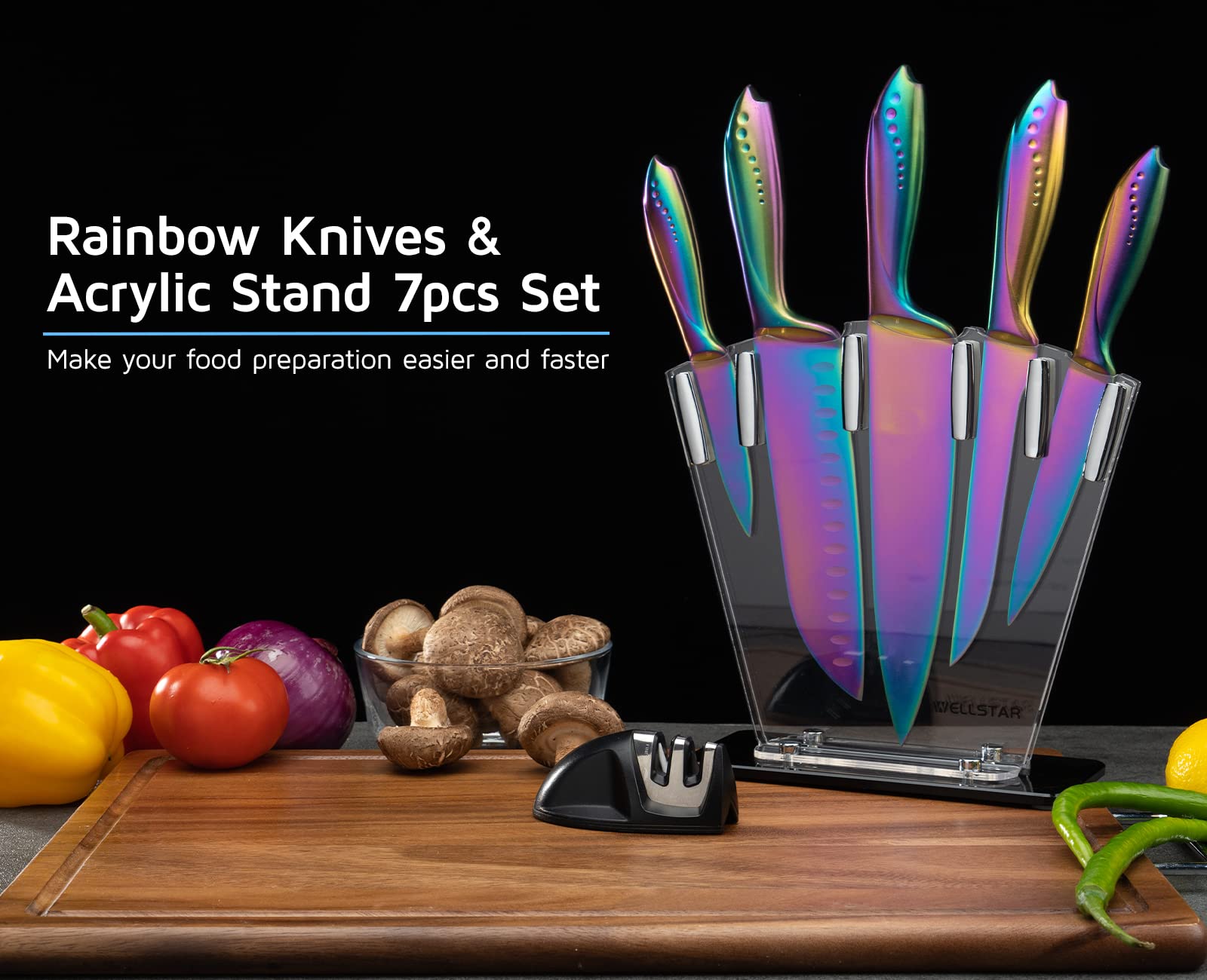 WELLSTAR Rainbow Knife Set 7 Pieces, Iridescent German Stainless Steel Kitchen Knives Set with Acrylic Stand Holder, Colorful Titanium Coating, Chef’s Knife Block Set with 2 Stage Mini Knife Sharpener