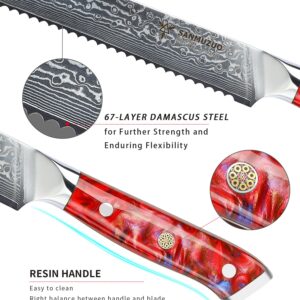 SANMUZUO 8” Bread Knife Serrated Kitchen Chef Knife - Damascus Steel & Resin Handle - Xuan Series (Sunset Red)