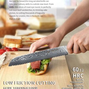 SANMUZUO 8” Bread Knife Serrated Kitchen Chef Knife - Damascus Steel & Resin Handle - Xuan Series (Sunset Red)