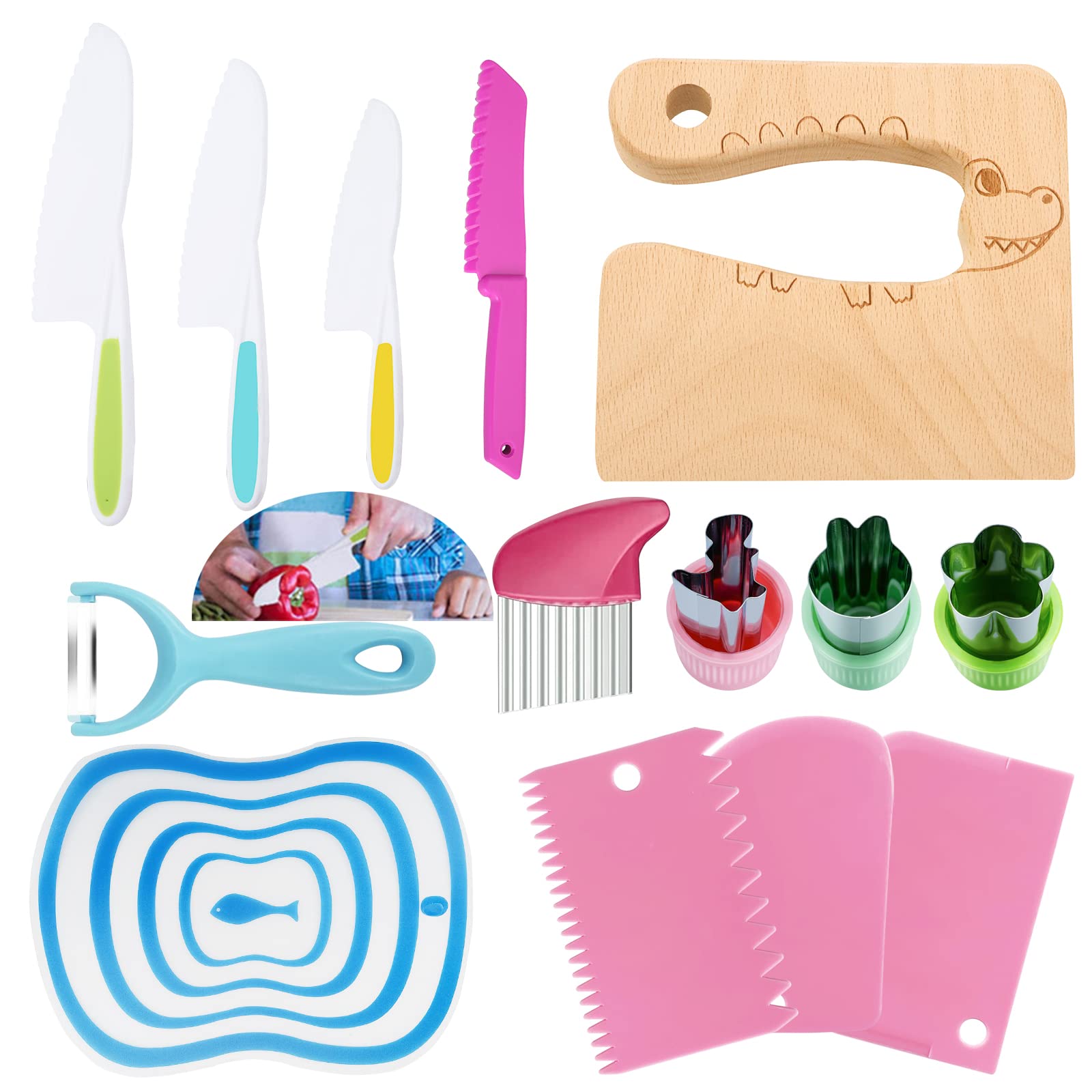 14 Pieces Wooden Kids Kitchen Safe Knife Set,Kid Safe Knives Set Include Wood Kids Knife Vegetable Cutter Shapes Potato Slicers Cooking Knives Peeler Cutting Board for Children