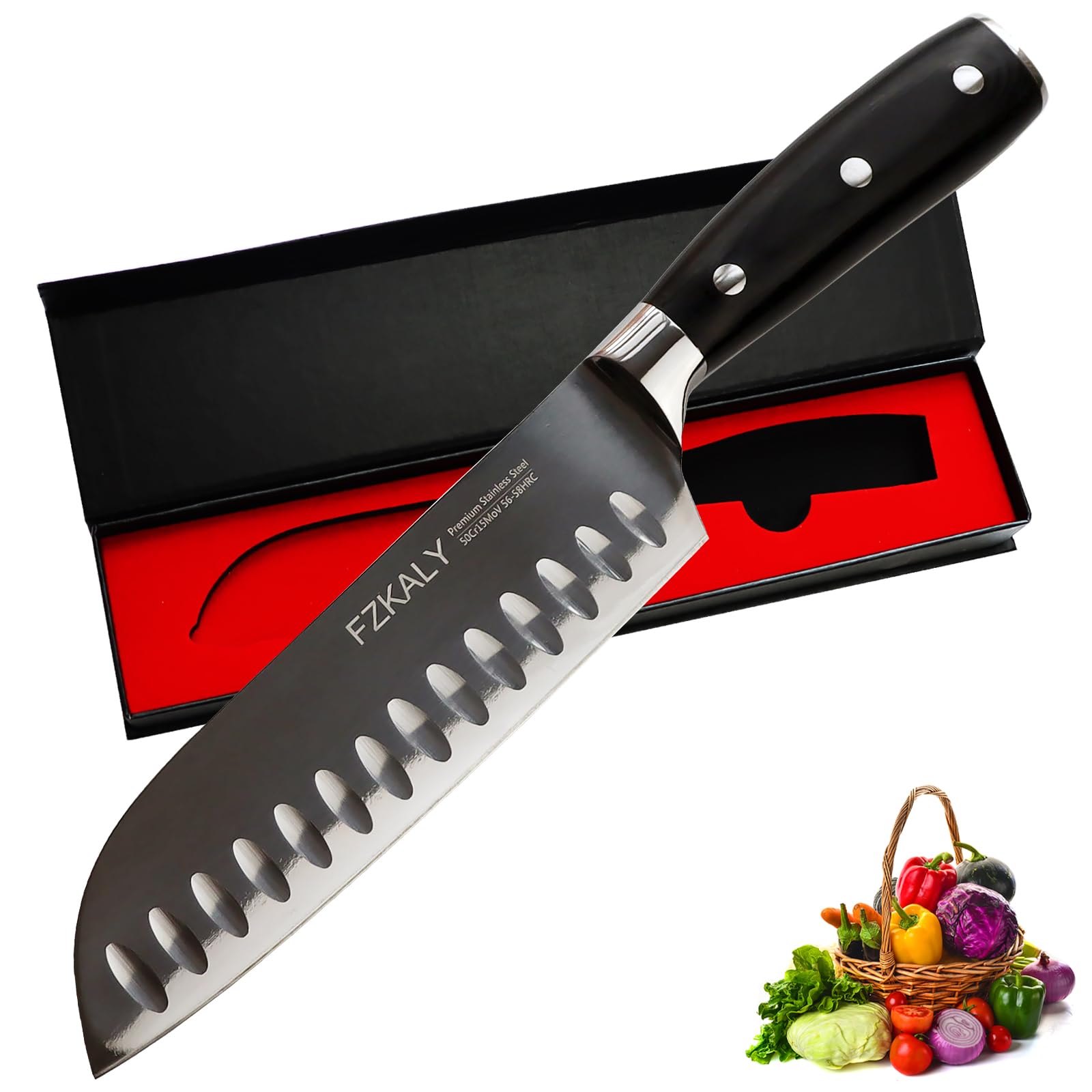 Fzkaly Santoku Knives, Sharp 7-inch Santoku knife, High Carbon Stainless Steel Japanese Chef Knife, Ergonomic Pakkawood Handle Cooking Knife for Meat Vegetable Fruit in Gift Box