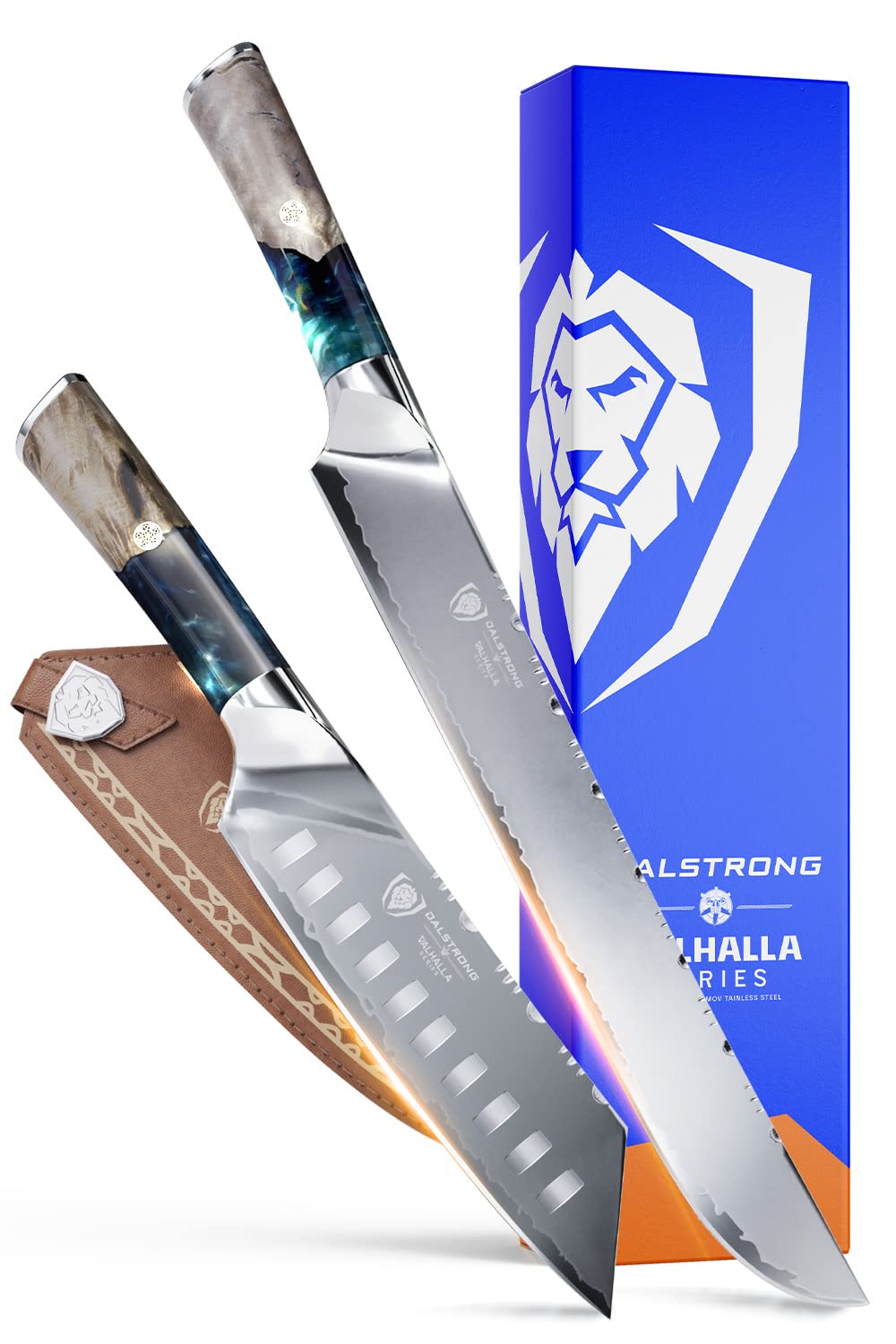 Dalstrong Valhalla Series Santoku Knife 7" Bundled with Slicing & Carving Knife 12" - w/Leather Sheath