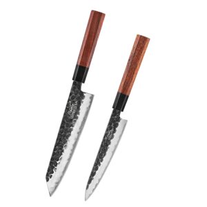 shirkhan professional japanese kitchen knives 2 pcs set - chef & utility knife - high carbon 10cr15comov hand hammered clad steel - octagon redwood handle