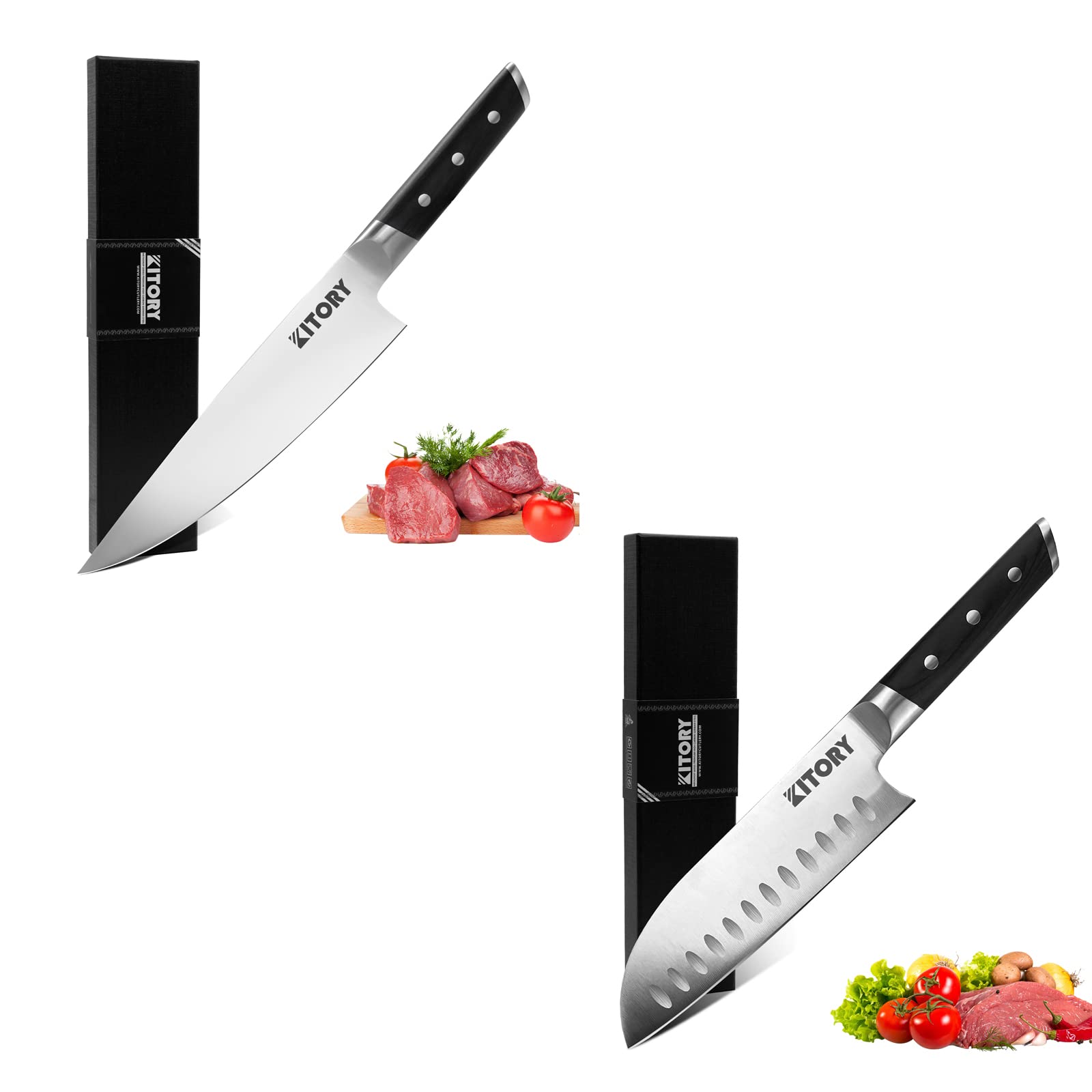 Kitory 8 Inch Chef Knife MTD06 + 7 inch Santoku Knife MTD05 - Forged German High Carbon Steel - Ergonomic Pakkawood Handle-Gift Box - Metadrop Series