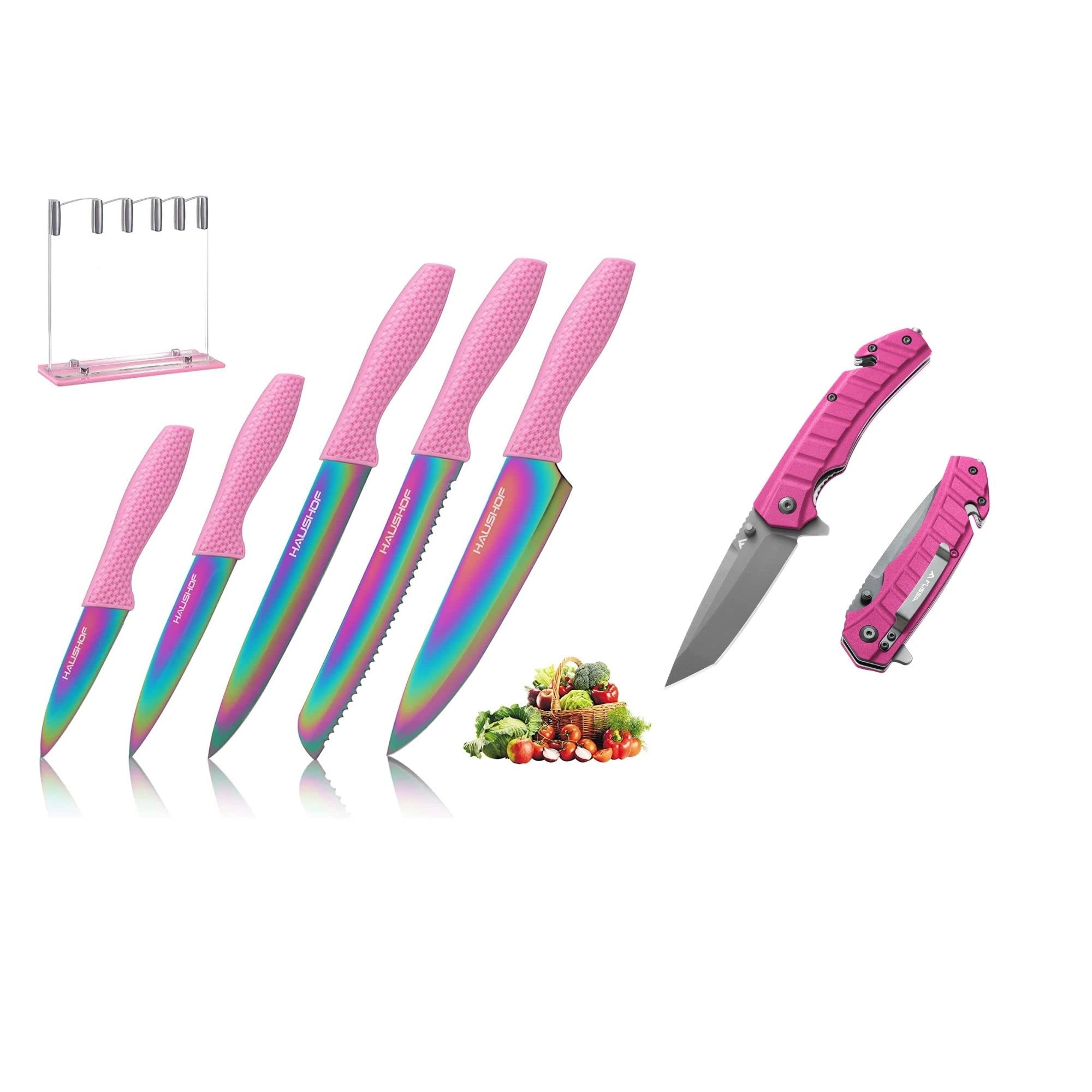 HAUSHOF Kitchen Knife Set and FLISSA Folding Pocket Knife, Titanium Coated Starter Knives Set for Kitchen with Ergonomic Handle, Tactical Knife with Liner Lock