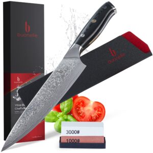 Japanese Damascus Chef Knife with Whetstone Sharpener – 8 inch Professional VG10 Chefs Knife – Full Tang Sharp Japanese Chef Knife with G10 Handle and Protective Sheath