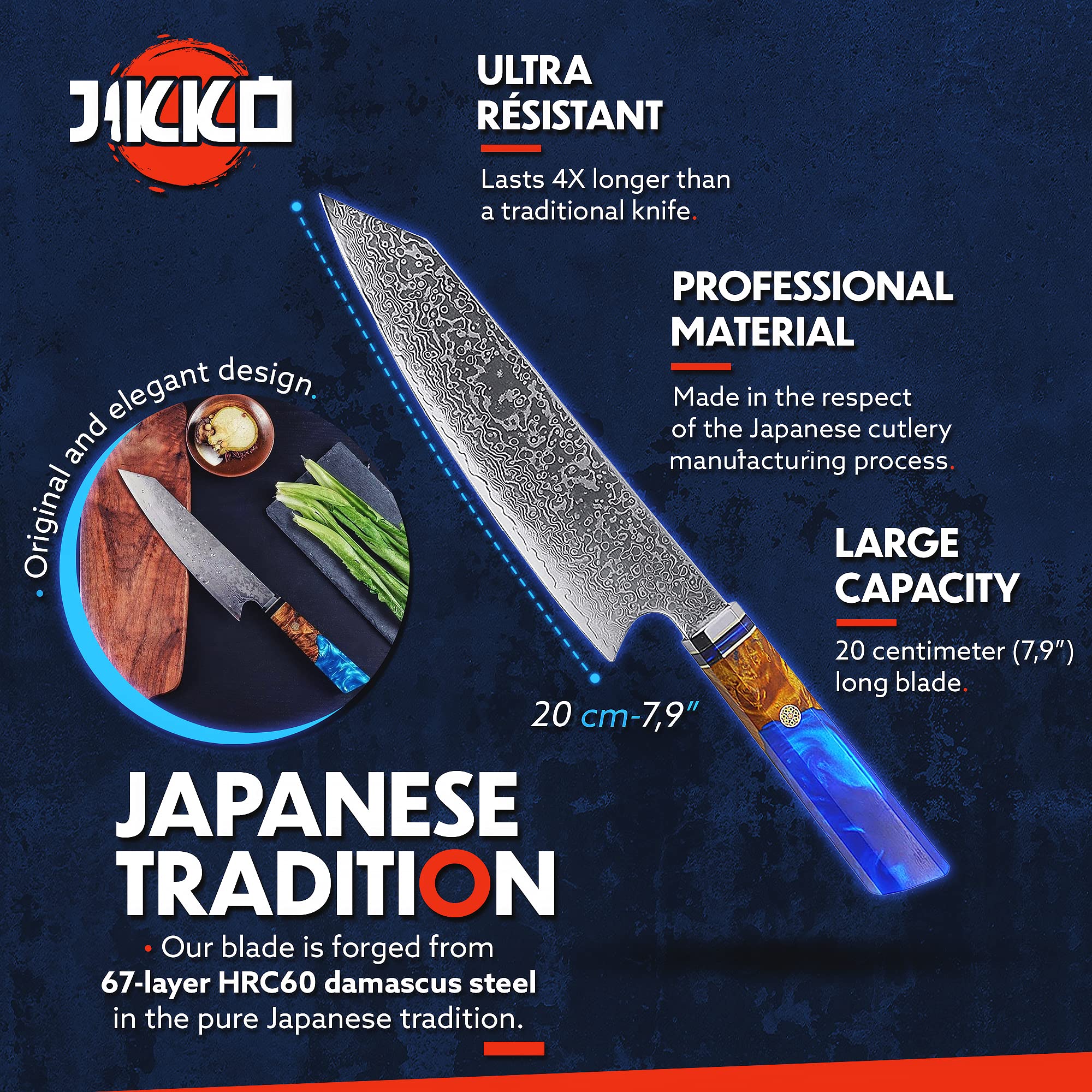 Jikko New Japanese Damascus Chef knife 13" Inch with Approved HRC60 Sharp Blade - Original model - Chef Knife with Ultra-Sharp Damascus Steel Blade and Rare Cocobolo Wood Handle