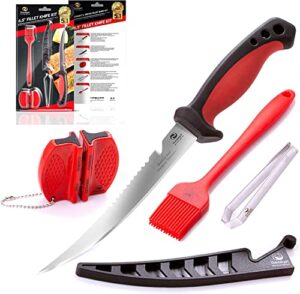 6.5 inches fillet knife kit | multifunctional stainless steel fish deboning and de-scaling knife with sheath + portable knife sharpener + fish bones tweezers + bbq silicone glazing brush