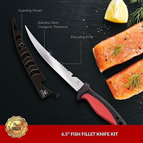 6.5 inches Fillet Knife Kit | Multifunctional Stainless Steel Fish Deboning and De-Scaling Knife with Sheath + Portable Knife Sharpener + Fish Bones Tweezers + BBQ Silicone Glazing Brush