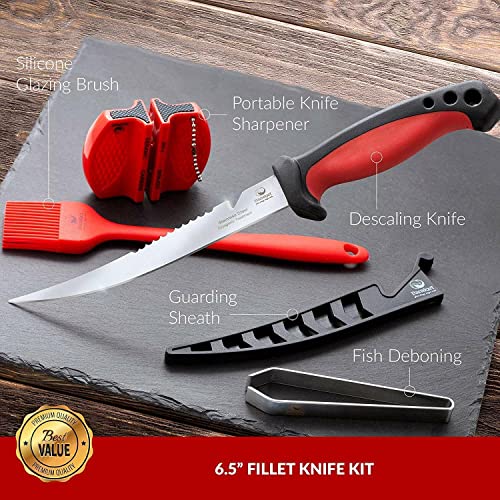 6.5 inches Fillet Knife Kit | Multifunctional Stainless Steel Fish Deboning and De-Scaling Knife with Sheath + Portable Knife Sharpener + Fish Bones Tweezers + BBQ Silicone Glazing Brush