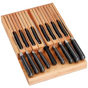 eltow bamboo knife drawer organizer, in-drawer universal knife block with safety slots for 16 knives (not included) and slot for knife sharpener, elegantly crafted from premium moso bamboo