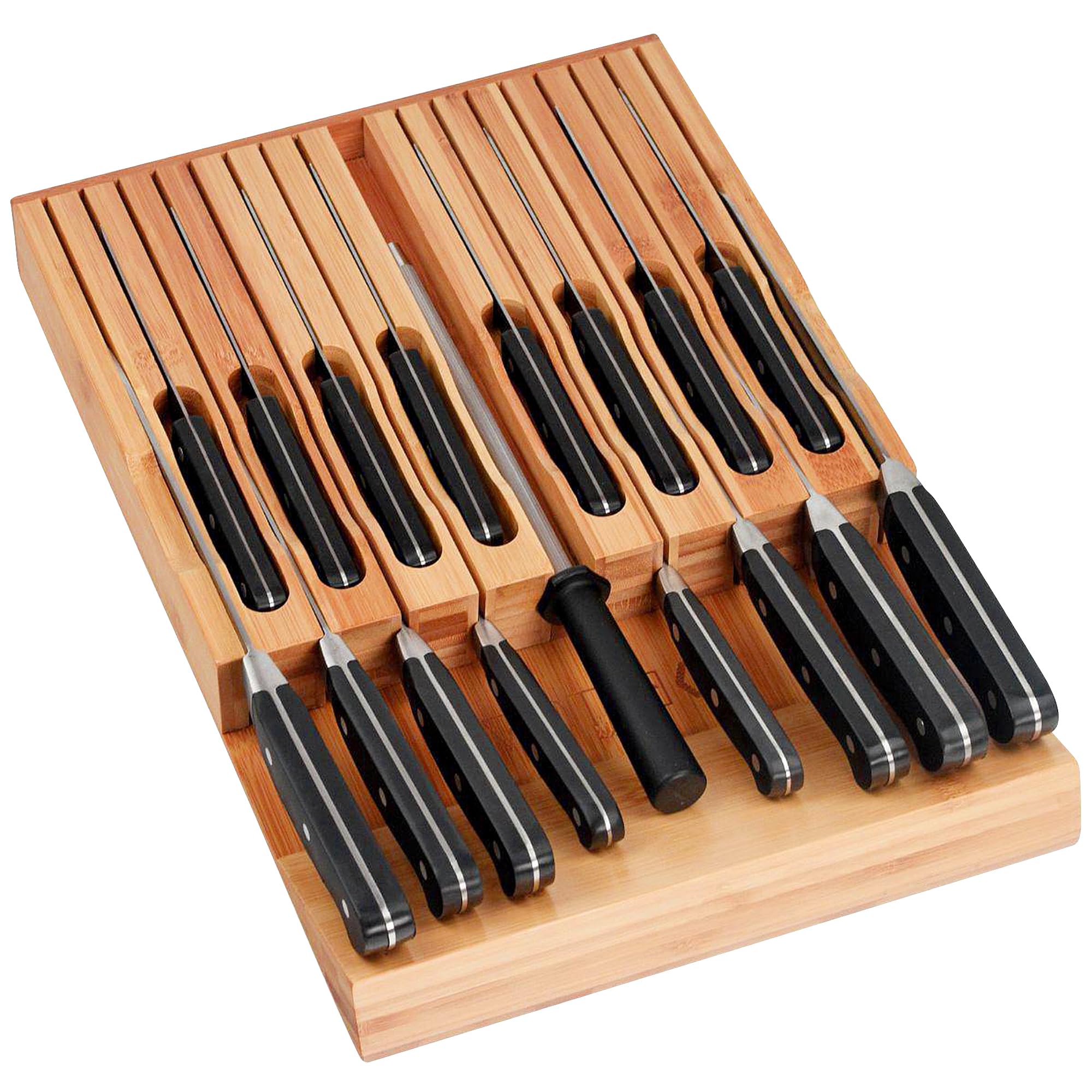 Eltow Bamboo Knife Drawer Organizer, In-Drawer Universal Knife Block with Safety Slots for 16 Knives (Not Included) and Slot for Knife Sharpener, Elegantly Crafted from Premium Moso Bamboo