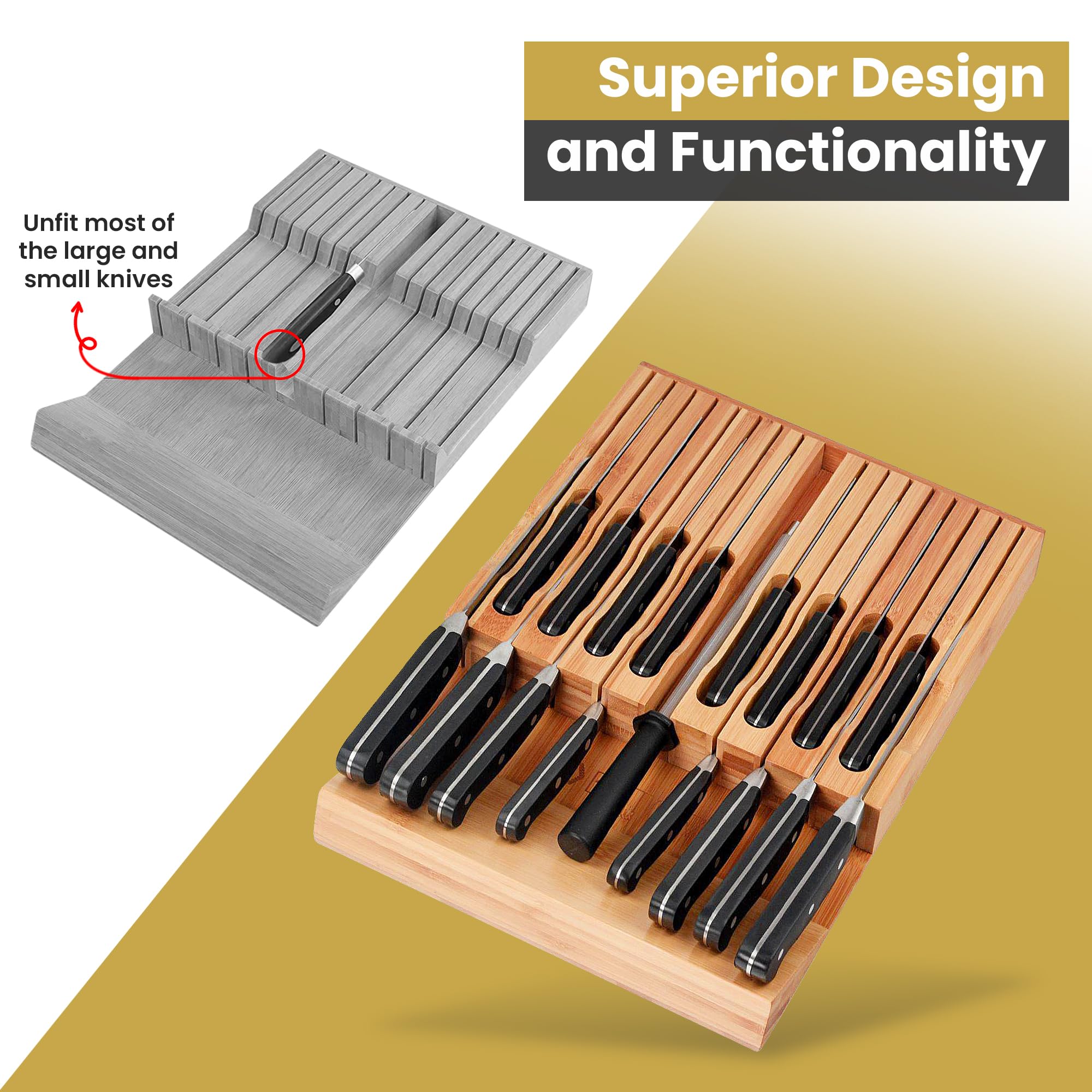 Eltow Bamboo Knife Drawer Organizer, In-Drawer Universal Knife Block with Safety Slots for 16 Knives (Not Included) and Slot for Knife Sharpener, Elegantly Crafted from Premium Moso Bamboo