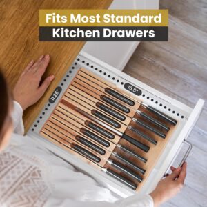 Eltow Bamboo Knife Drawer Organizer, In-Drawer Universal Knife Block with Safety Slots for 16 Knives (Not Included) and Slot for Knife Sharpener, Elegantly Crafted from Premium Moso Bamboo