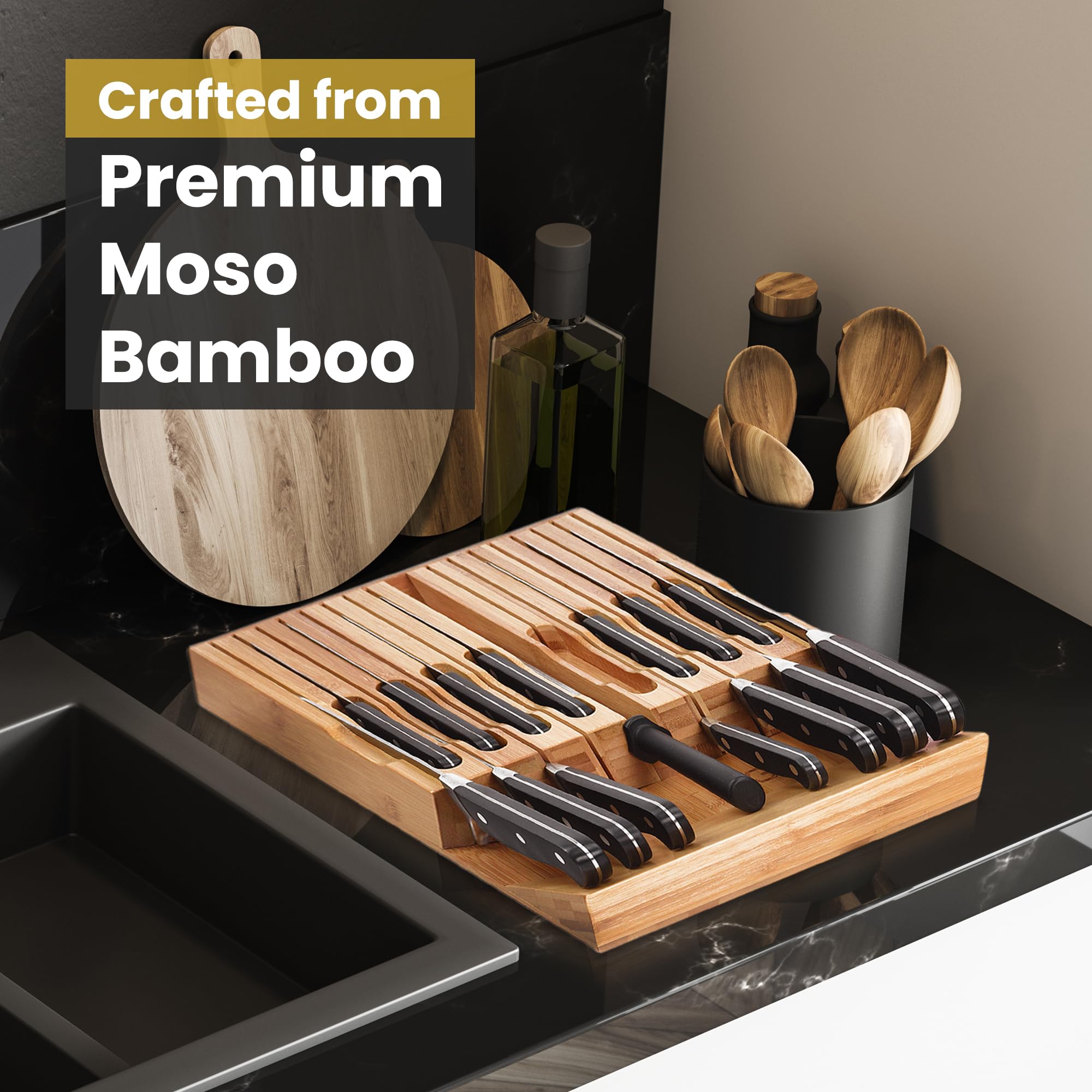 Eltow Bamboo Knife Drawer Organizer, In-Drawer Universal Knife Block with Safety Slots for 16 Knives (Not Included) and Slot for Knife Sharpener, Elegantly Crafted from Premium Moso Bamboo