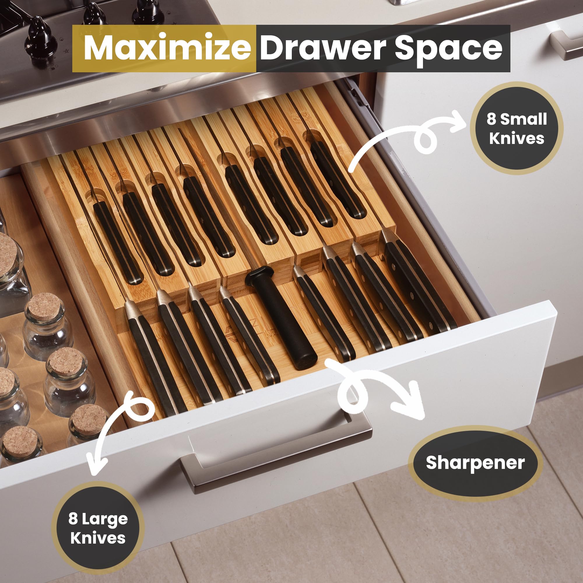 Eltow Bamboo Knife Drawer Organizer, In-Drawer Universal Knife Block with Safety Slots for 16 Knives (Not Included) and Slot for Knife Sharpener, Elegantly Crafted from Premium Moso Bamboo