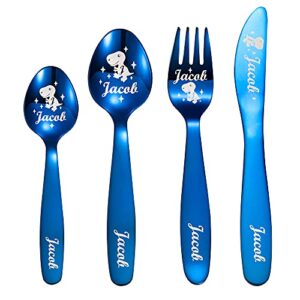 personalized dinosaur unicorn cutlery set - custom name engraved spoon knife fork set - children's stainless steel cutlery set for kitchen kids