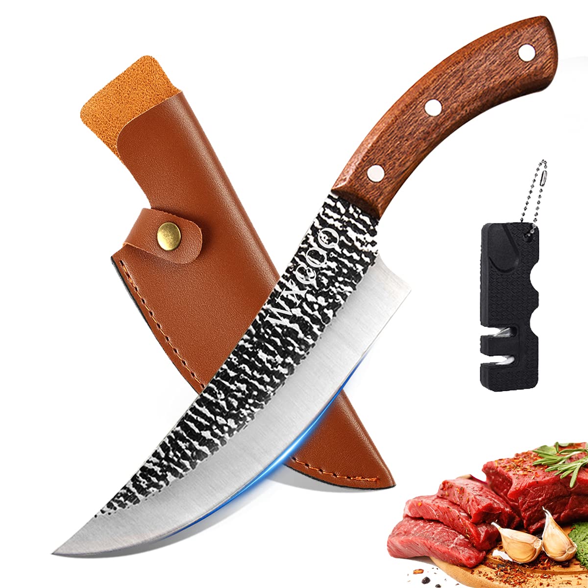 WXCOO 7-Inch Chef Knife Hand Forged Cleaver Knife High Carbon Stainless Steel, Boning knives Chef Butcher Knife with Sheath & Pocket Sharpener for Kitchen, Camping, Home, Outdoor, BBQ
