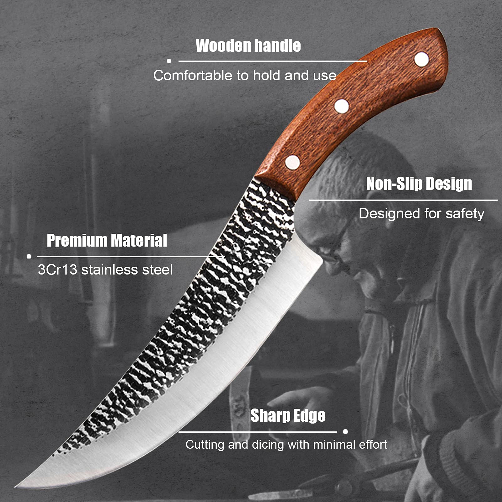 WXCOO 7-Inch Chef Knife Hand Forged Cleaver Knife High Carbon Stainless Steel, Boning knives Chef Butcher Knife with Sheath & Pocket Sharpener for Kitchen, Camping, Home, Outdoor, BBQ