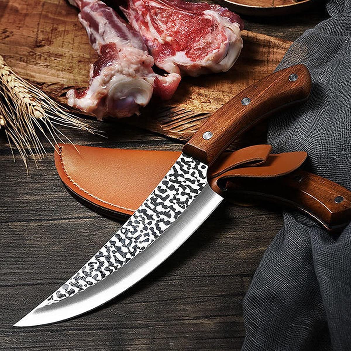 WXCOO 7-Inch Chef Knife Hand Forged Cleaver Knife High Carbon Stainless Steel, Boning knives Chef Butcher Knife with Sheath & Pocket Sharpener for Kitchen, Camping, Home, Outdoor, BBQ