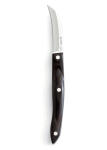 cutco model 3120 bird's beak curved paring knife. classic dark brown handles (often called"black"). 2.9” high carbon stainless blade.