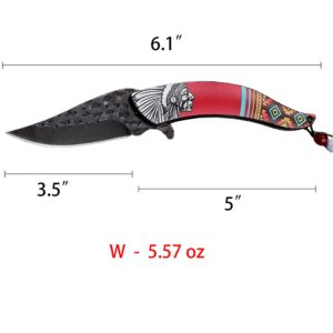 Labstandard American Indian Style Pocket Folding Knife with 3.5”Stainless Steel blade and Acrylic and Steel Handle with liner-lock and knife tail (black)