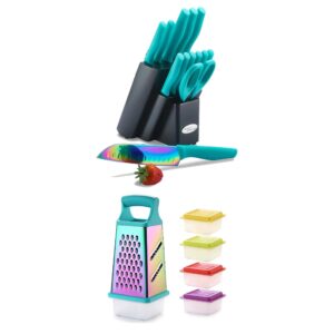 rainbow color cutlery knife set, marco almond kya27 kitchen knives set with wooden block plugs professional rainbow color box grater,stainless steel grater slicer 5 pcs set