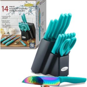 Rainbow Color Cutlery Knife Set, Marco Almond KYA27 Kitchen Knives Set with Wooden Block Plugs Professional Rainbow Color Box Grater,Stainless Steel Grater Slicer 5 PCS Set