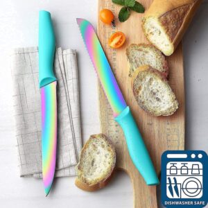 Rainbow Color Cutlery Knife Set, Marco Almond KYA27 Kitchen Knives Set with Wooden Block Plugs Professional Rainbow Color Box Grater,Stainless Steel Grater Slicer 5 PCS Set