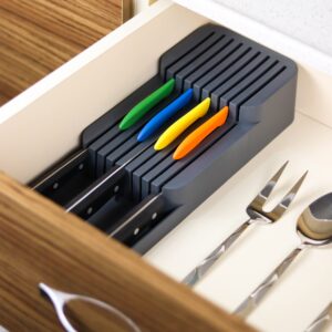 DecoBella Kitchen Drawer Knife Organizer, BPA-Free Plastic Countertop Knife Block, Universal Knife Holder for Drawers, Plastic Drawer Organizer Tray for Knives (Grey)