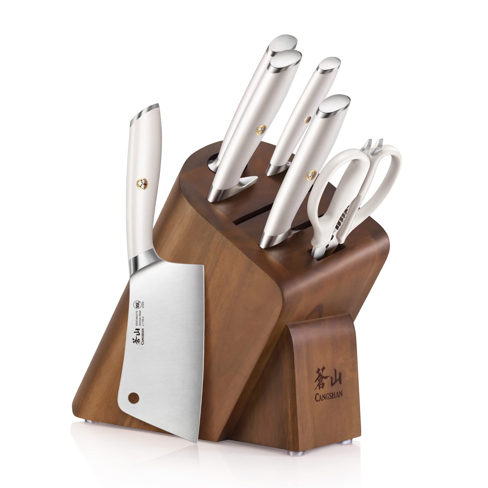 Cangshan L1 Series 1027129 German Steel forged 7-Piece Cleaver Knife Block Set, White