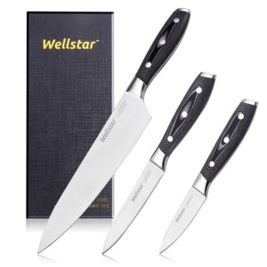 wellstar kitchen knife set 3 piece, razor sharp german steel forged blade with professional g10 handle, chef utility paring knife well balanced cutlery set for cutting chopping and dicing - gift box