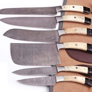 GladiatorsGuild G28B- Professional Kitchen Knives Custom Made Damascus Steel 6 pcs of Professional Utility Chef Kitchen Knife Set with Chopper/Cleaver Black Horn (at end) G28B (White Bone)