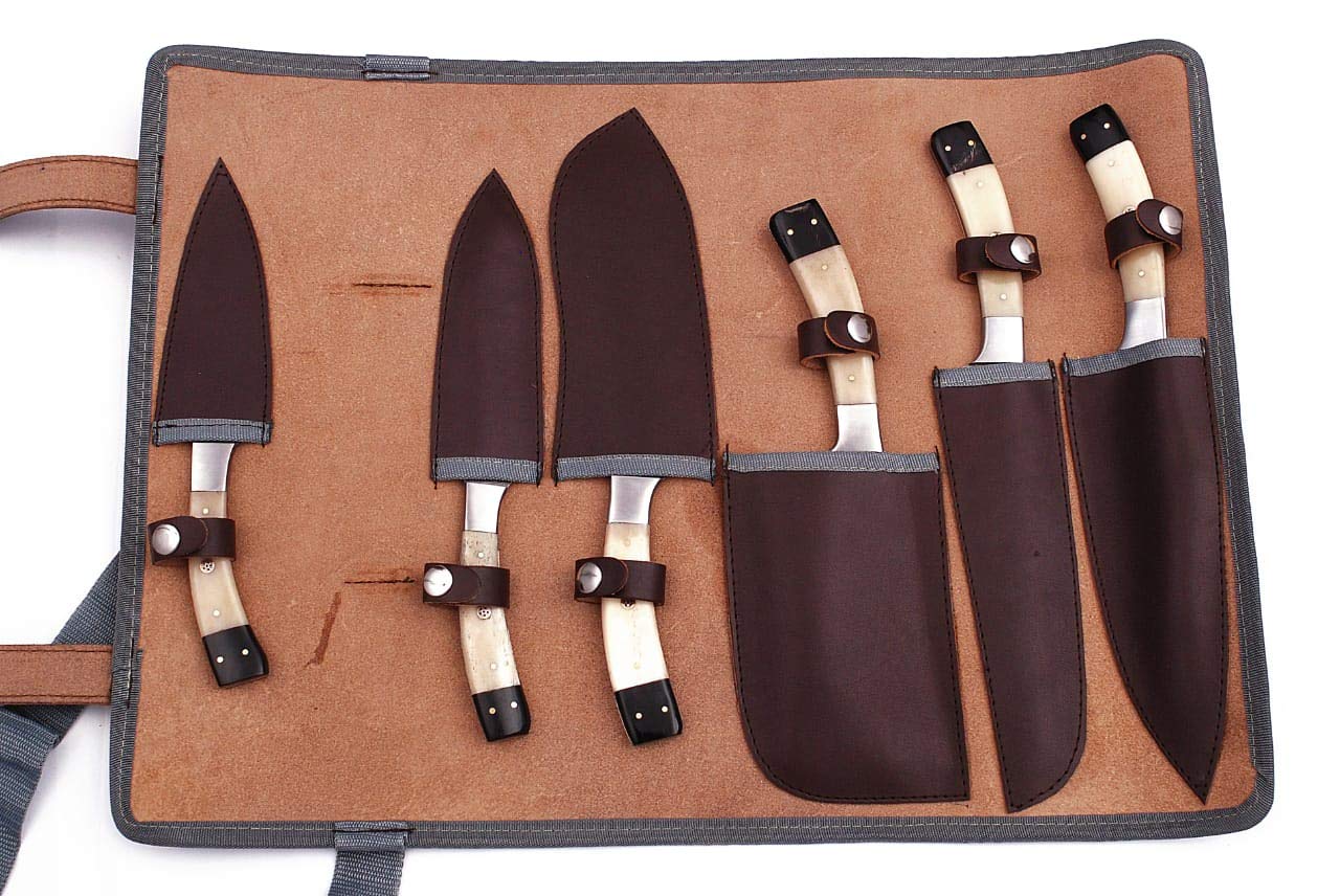 GladiatorsGuild G28B- Professional Kitchen Knives Custom Made Damascus Steel 6 pcs of Professional Utility Chef Kitchen Knife Set with Chopper/Cleaver Black Horn (at end) G28B (White Bone)