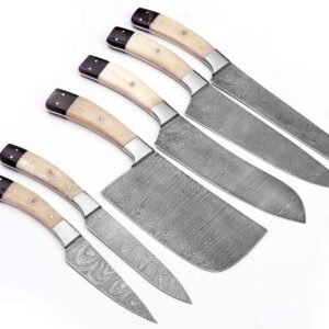 GladiatorsGuild G28B- Professional Kitchen Knives Custom Made Damascus Steel 6 pcs of Professional Utility Chef Kitchen Knife Set with Chopper/Cleaver Black Horn (at end) G28B (White Bone)
