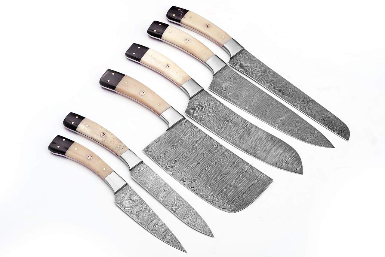 GladiatorsGuild G28B- Professional Kitchen Knives Custom Made Damascus Steel 6 pcs of Professional Utility Chef Kitchen Knife Set with Chopper/Cleaver Black Horn (at end) G28B (White Bone)