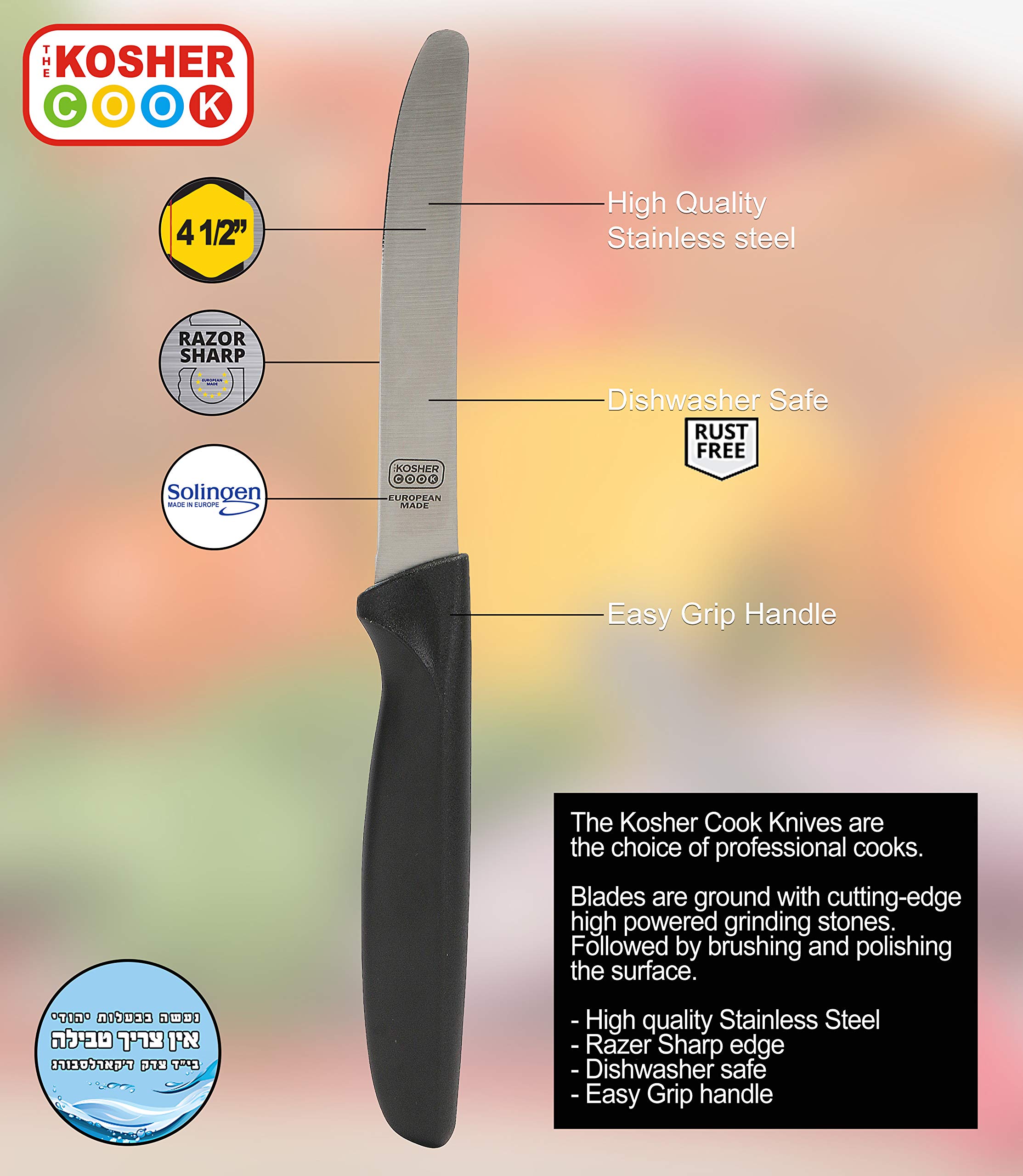 The Kosher Cook Parve Green Kitchen Knife – 4.5” Steak and Vegetable Knife - Razor Sharp Curved Tip, Straight Edge - Color Coded Kitchen Tools