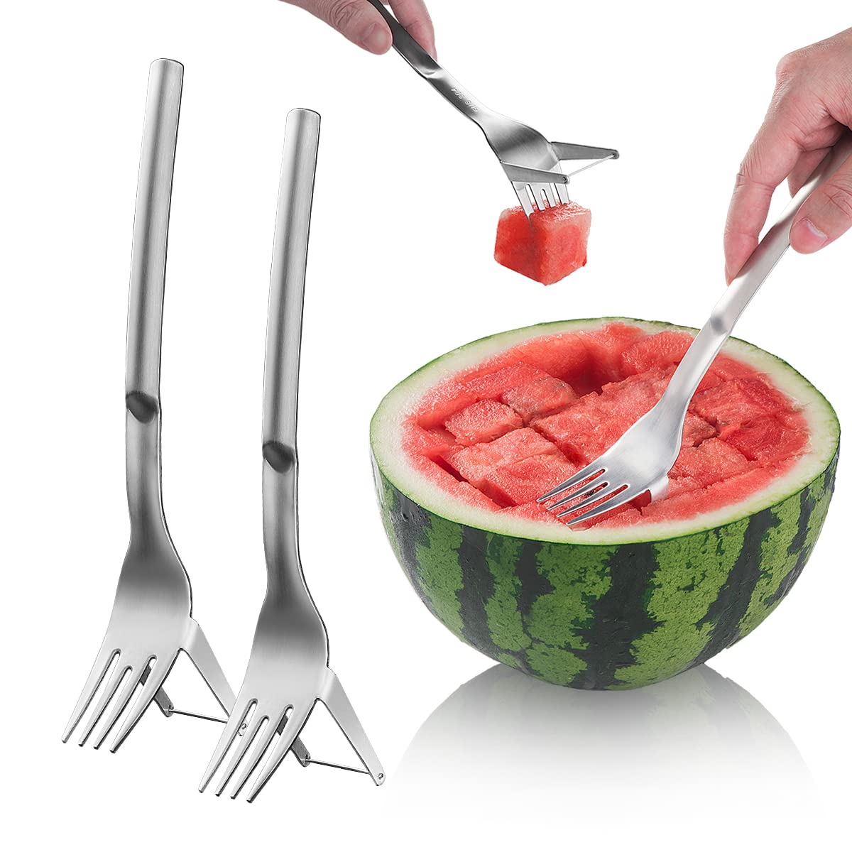 Choxila 2Pcs Watermelon Fork, Watermelon Slicer Cutter, 2-in-1 Fork Stainless Steel Fruit Cutting Artifact for Family Parties Camping