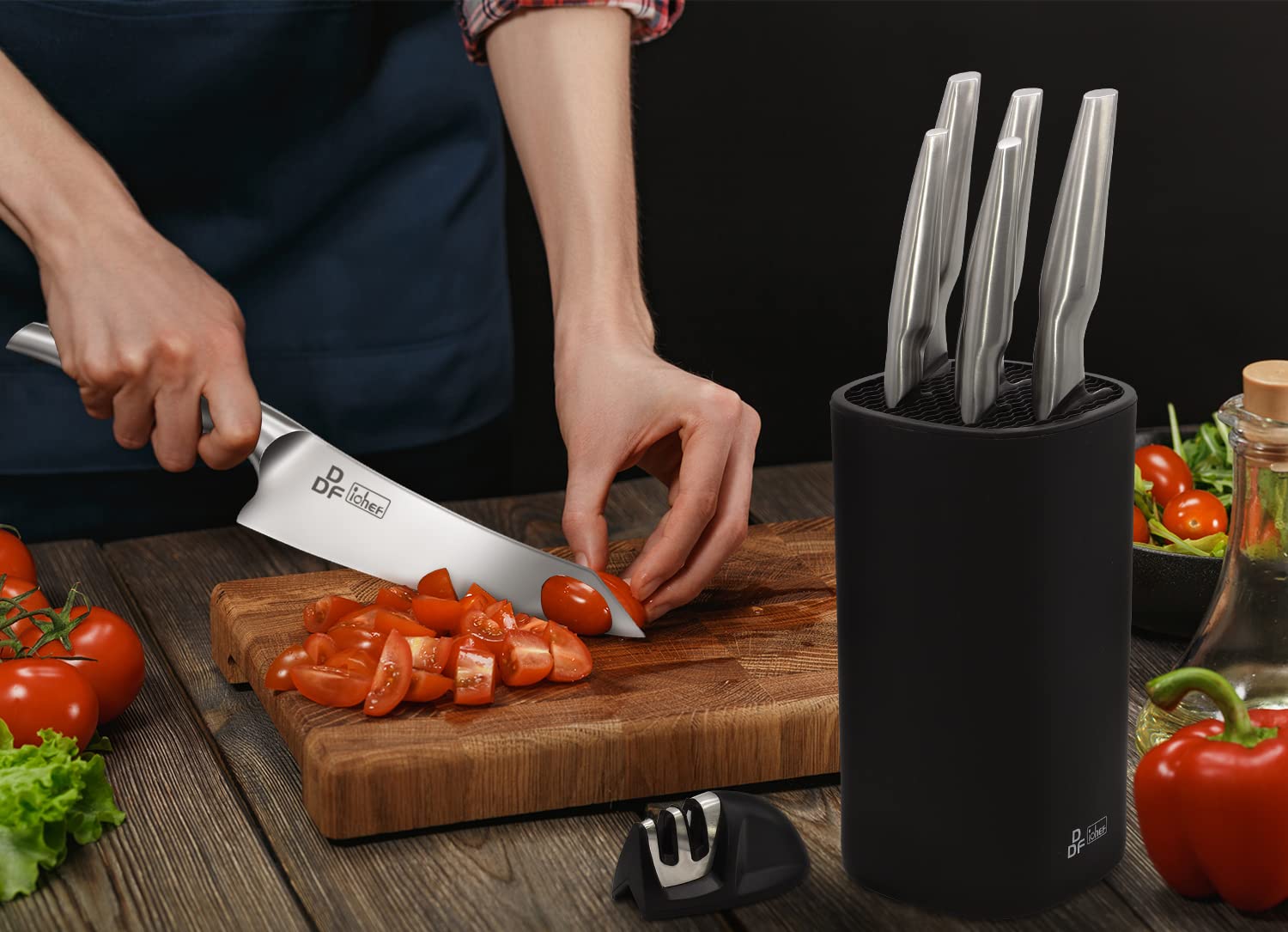 DDF iohEF Kitchen Knife Set with Block, 7 Piece Premium High Carbon Stainless Steel Knives Set with Knife Sharpener, Ultra Sharp Knife Block Set