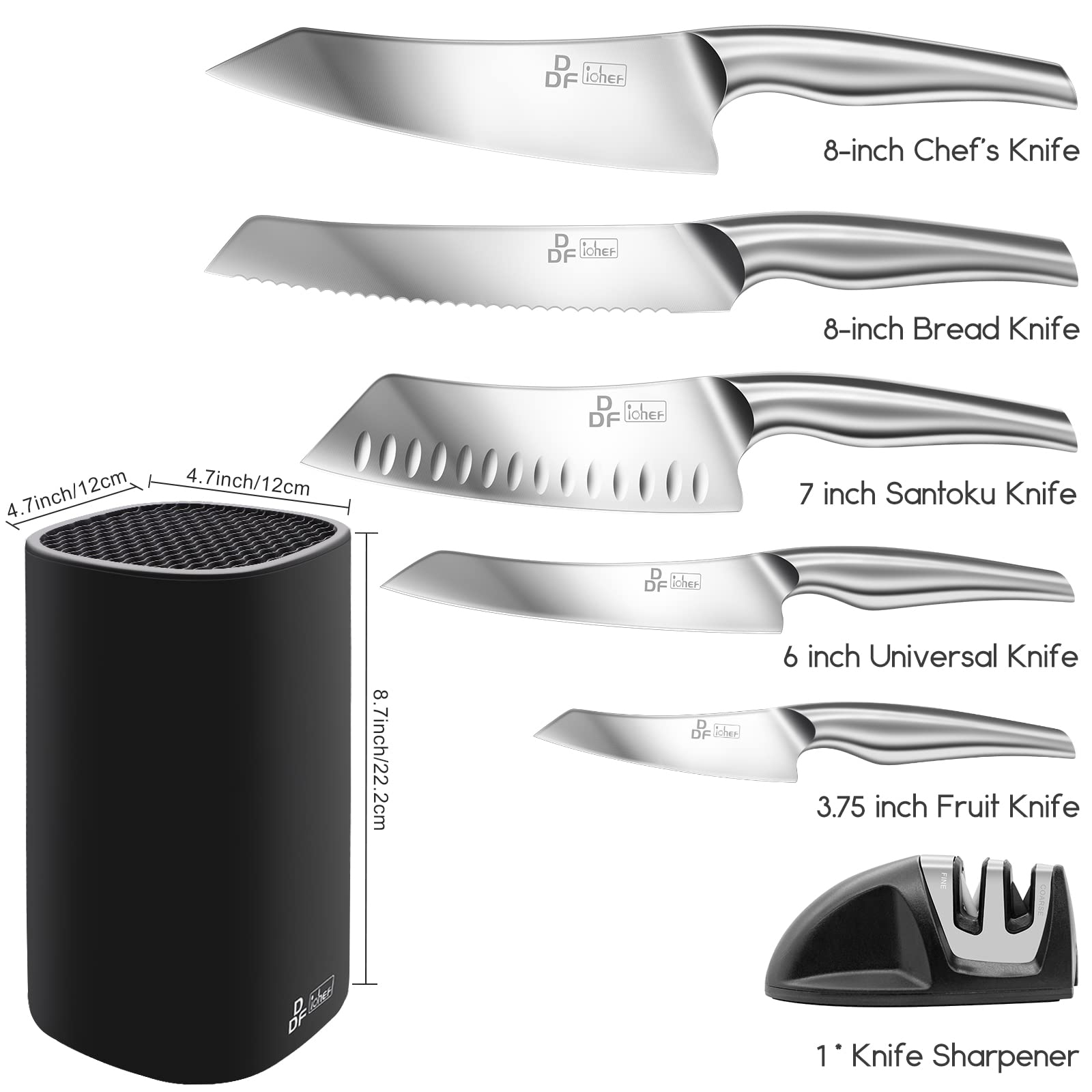 DDF iohEF Kitchen Knife Set with Block, 7 Piece Premium High Carbon Stainless Steel Knives Set with Knife Sharpener, Ultra Sharp Knife Block Set