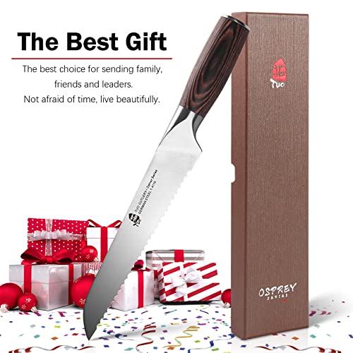 TUO Serrated Bread Knife 8 inch - Professional Bread Cutter Cake Carving Slicer Knife - German HC Stainless Steel Ultra Sharp Wavy Edge- Ergonomic Pakkawood Handle with Gift Box - Osprey Series