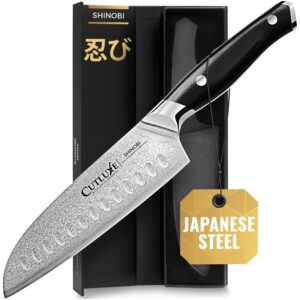 cutluxe shinobi santoku knife, damascus chopping knife – 7" japanese blade, aus-10 steel – razor sharp blade, full tang, ergonomic g10 handle design