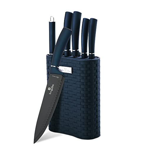 Berlinger Haus Kitchen Knife Set with Block, 7 Piece Knives Set for Kitchen, Elegant Design Cooking Knives with Kitchen Shears, Sharp Cutting Stainless Steel Chef Knife Set with Stand, Blue