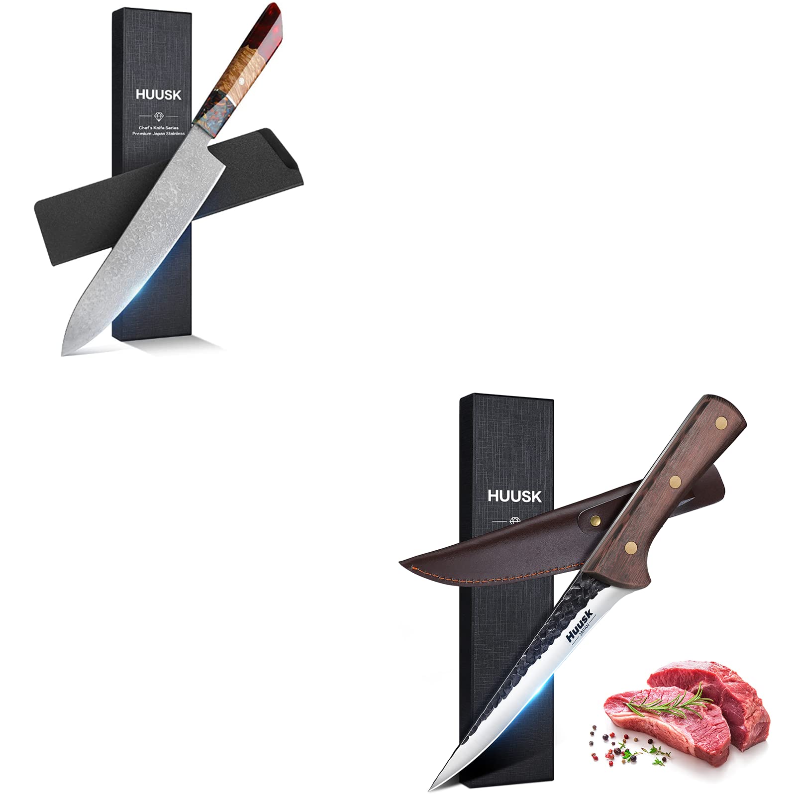 Huusk Japan Knife 8.27 Inch Razor Sharp Kitchen Knives Bundle with Boning Knife for Meat Cutting