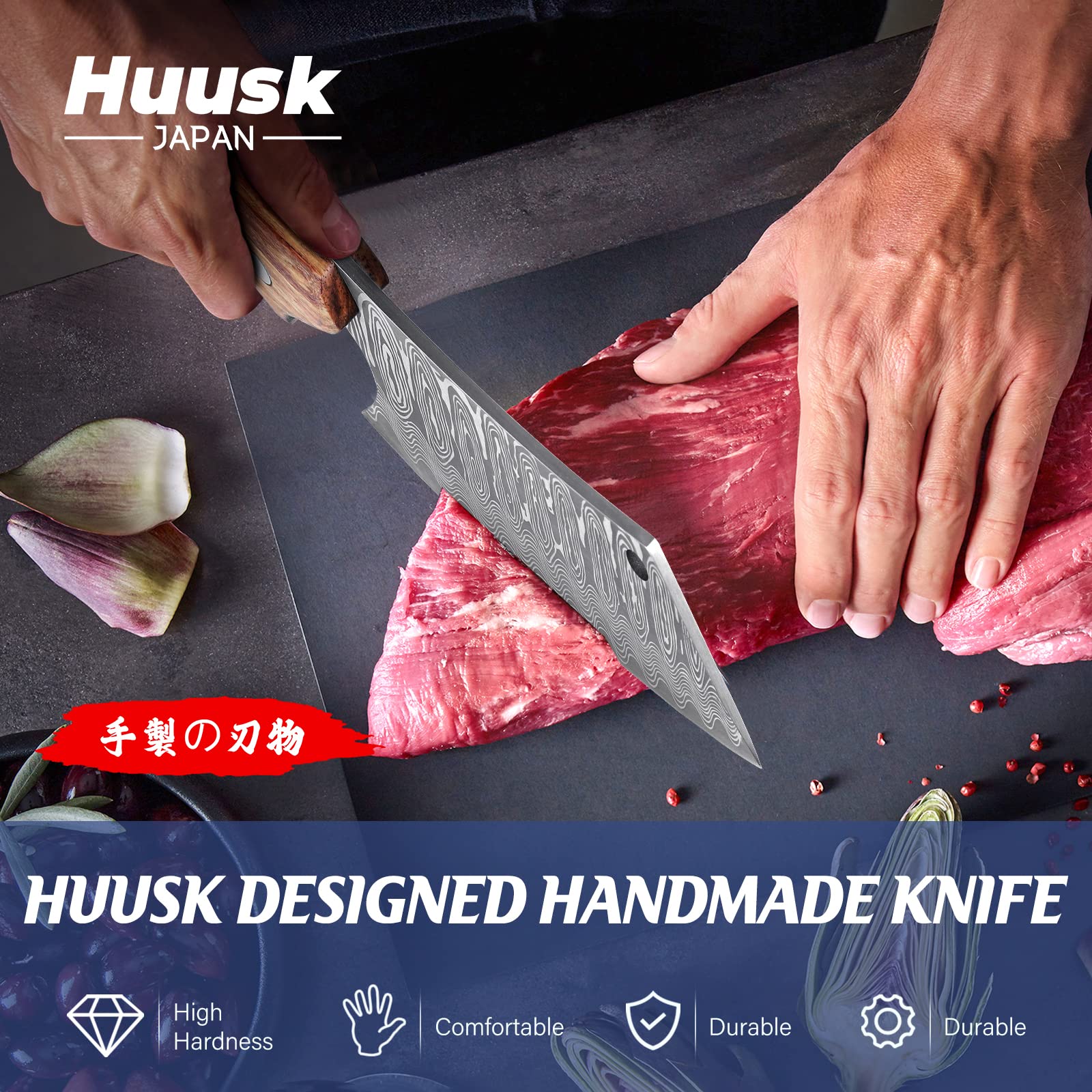 Huusk Hand Forged Meat Cleaver Knife Bundle with Boning Knife for Meat Cutting