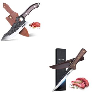 huusk forged meat cleaver knife with sheath bundle with hand forged deboning knife with sheath