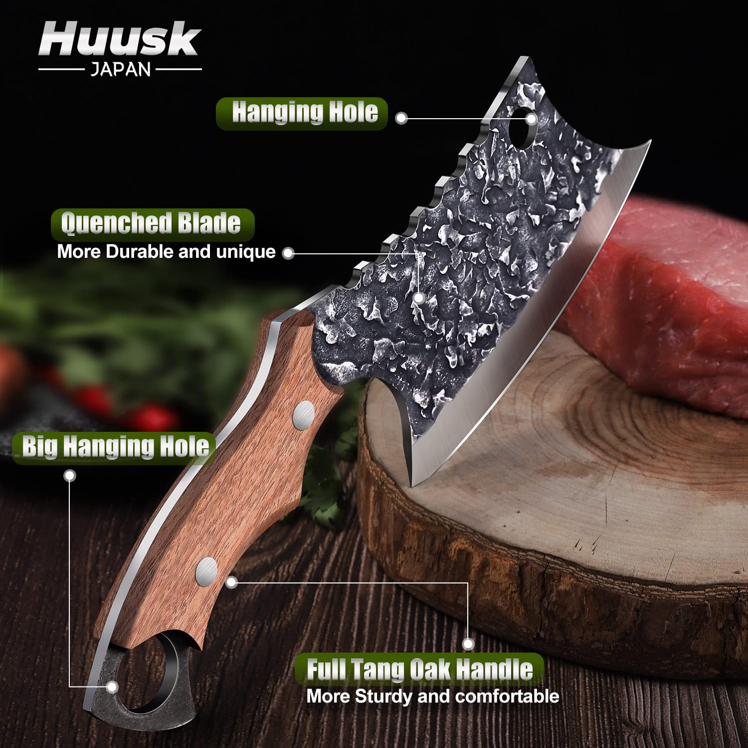 Huusk Japan Knife Hand Forged Meat Cleaver Bundle with Japanese Meat Butcher Brisket Trimming Knife